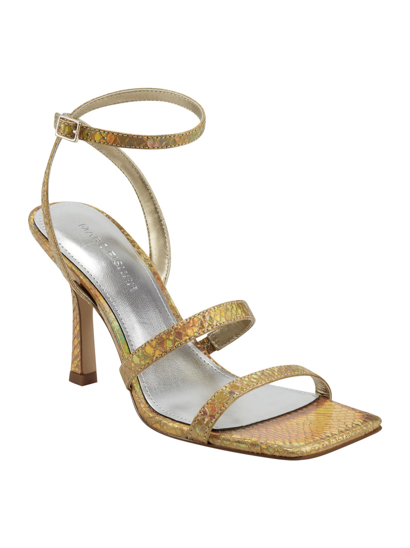 MARC FISHER Womens Gold Patterned Adjustable Ankle Strap Deric Square Toe Kitten Heel Buckle Dress Heeled Sandal 7 M