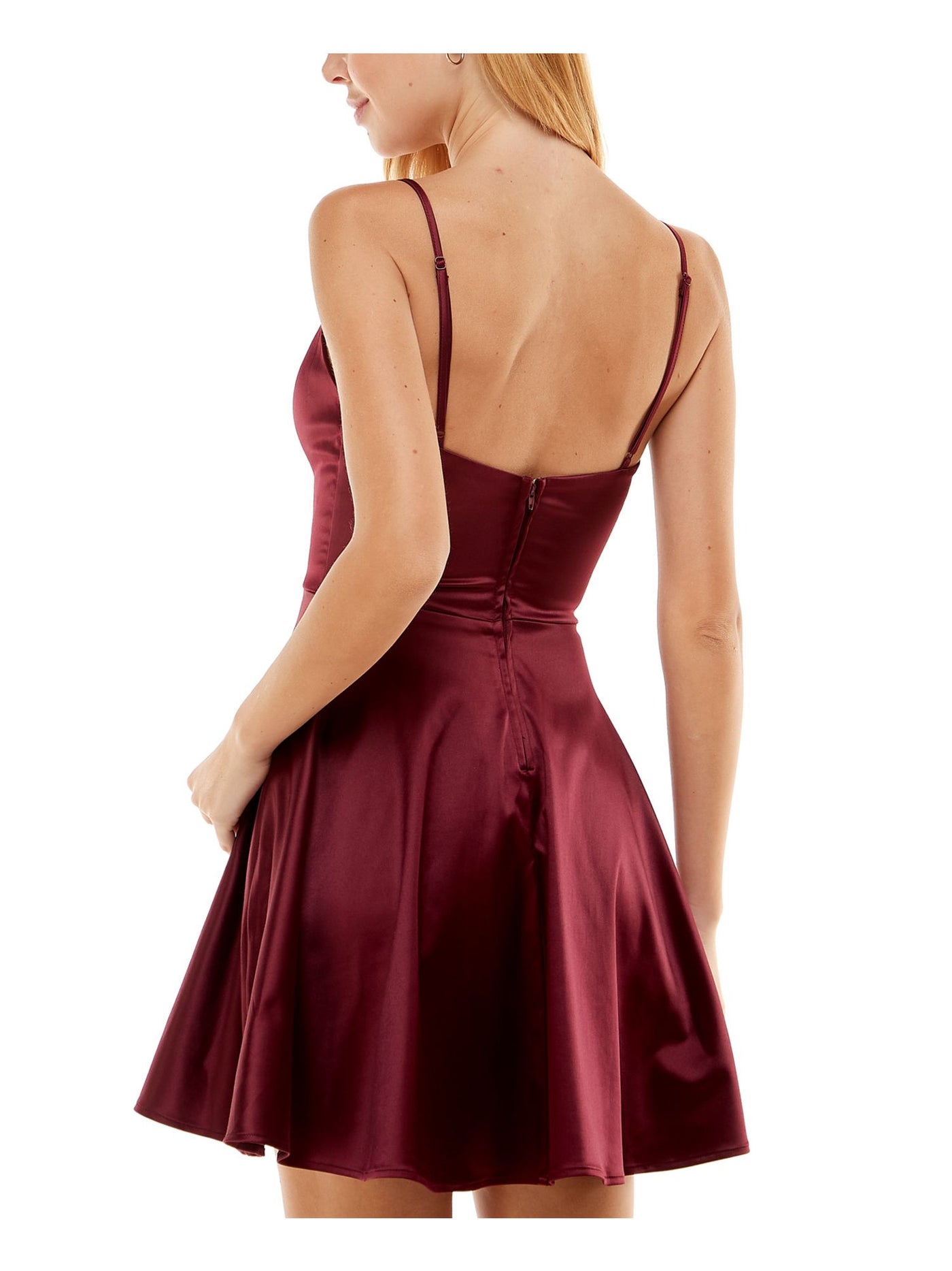 CITY STUDIO Womens Burgundy Zippered Fitted Satin Padded Lined Spaghetti Strap V Neck Short Party Fit + Flare Dress 7