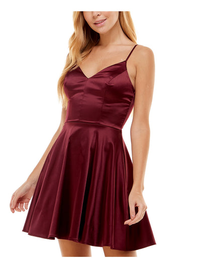 CITY STUDIO Womens Burgundy Zippered Fitted Satin Padded Lined Spaghetti Strap V Neck Short Party Fit + Flare Dress 7