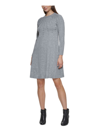 JESSICA HOWARD Womens Gray Textured Ribbed Pull Over Heather Long Sleeve Crew Neck Above The Knee Shift Dress Petites PL