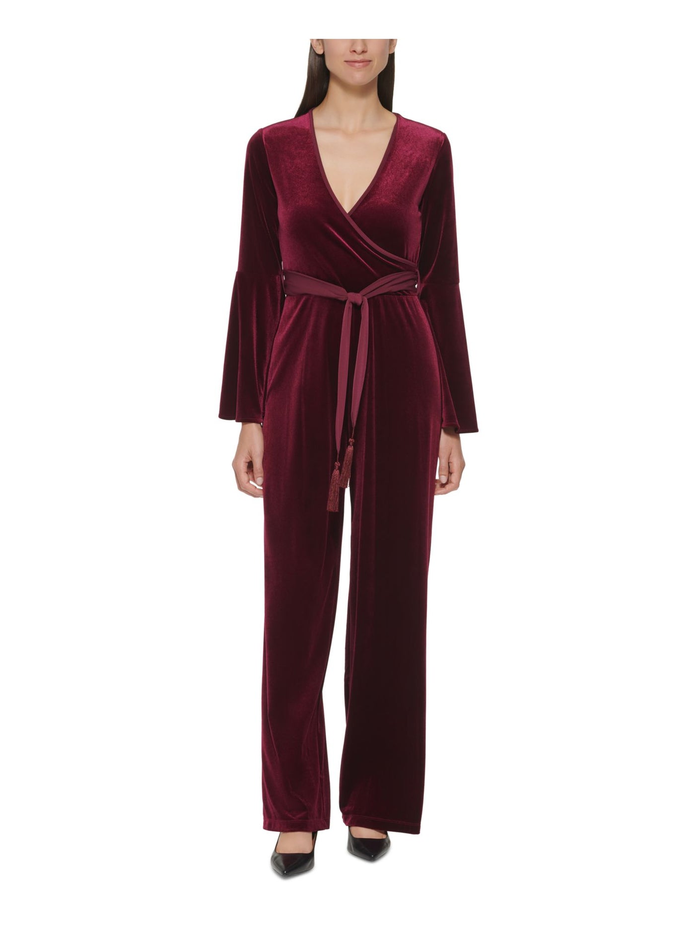 CALVIN KLEIN Womens Burgundy Stretch Belted Bell Sleeve Surplice Neckline Wrap Jumpsuit 4