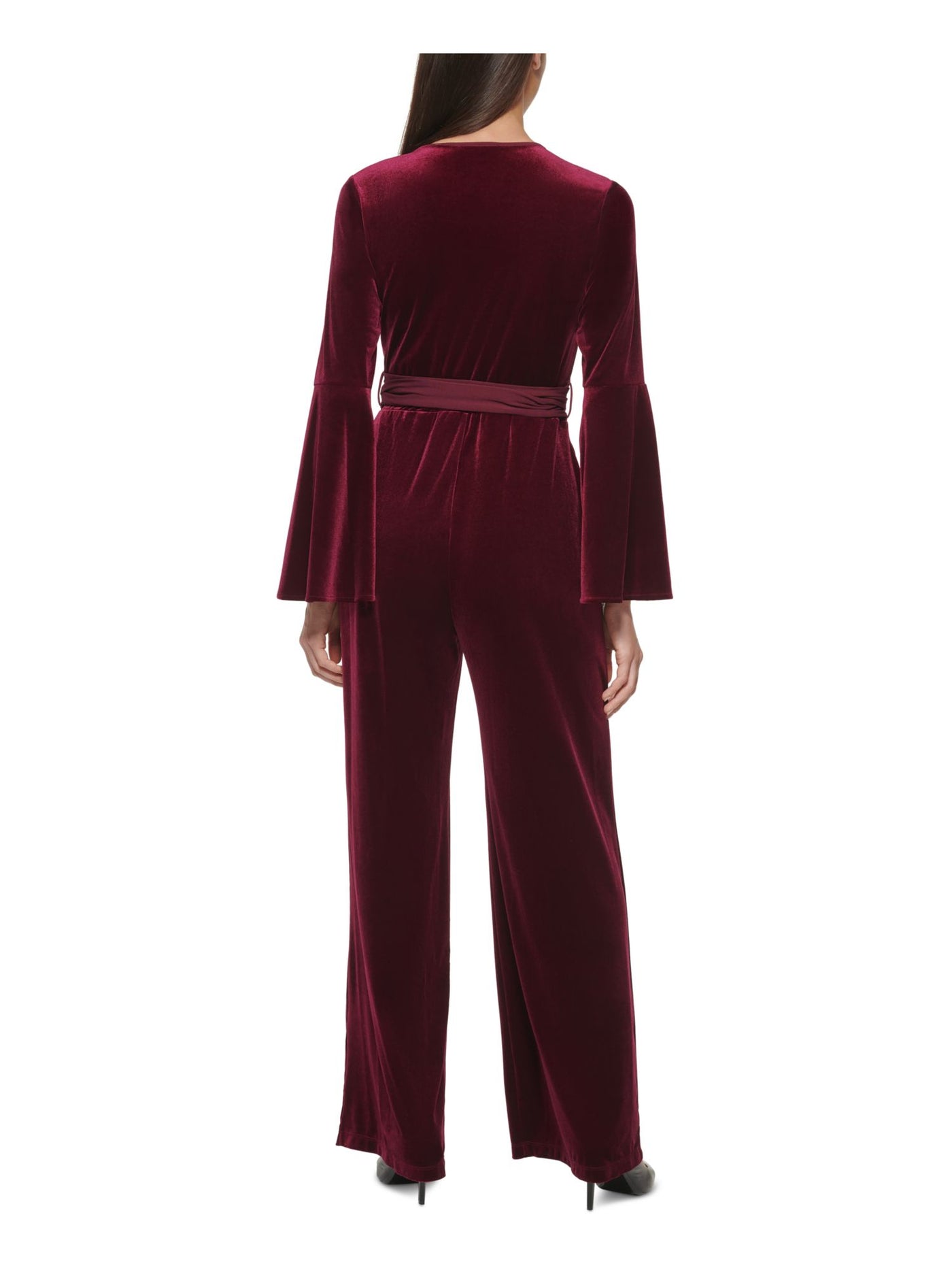 CALVIN KLEIN Womens Burgundy Stretch Belted Bell Sleeve Surplice Neckline Wrap Jumpsuit 4