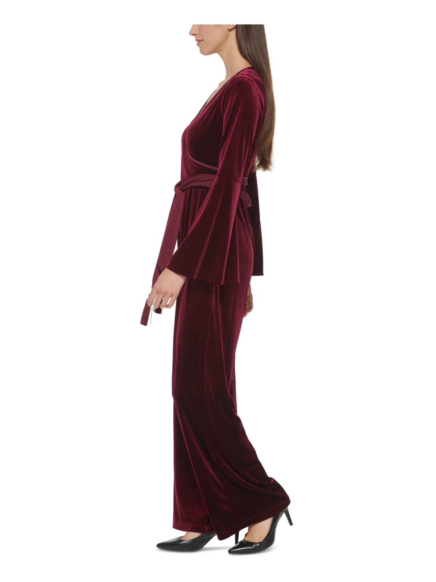 CALVIN KLEIN Womens Burgundy Stretch Belted Bell Sleeve Surplice Neckline Wrap Jumpsuit 4