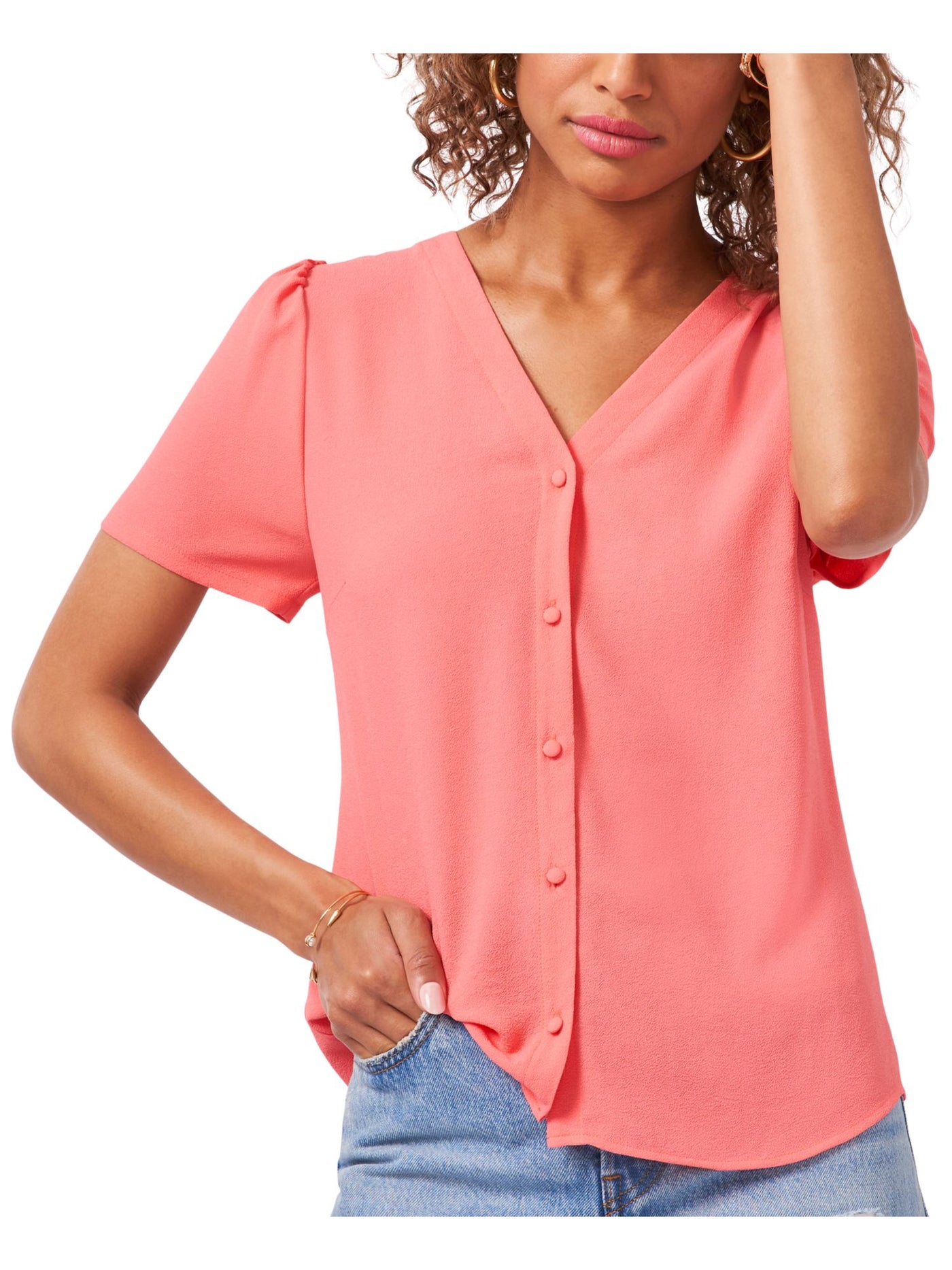 1. STATE Womens Pouf Sleeve V Neck Button Up Top