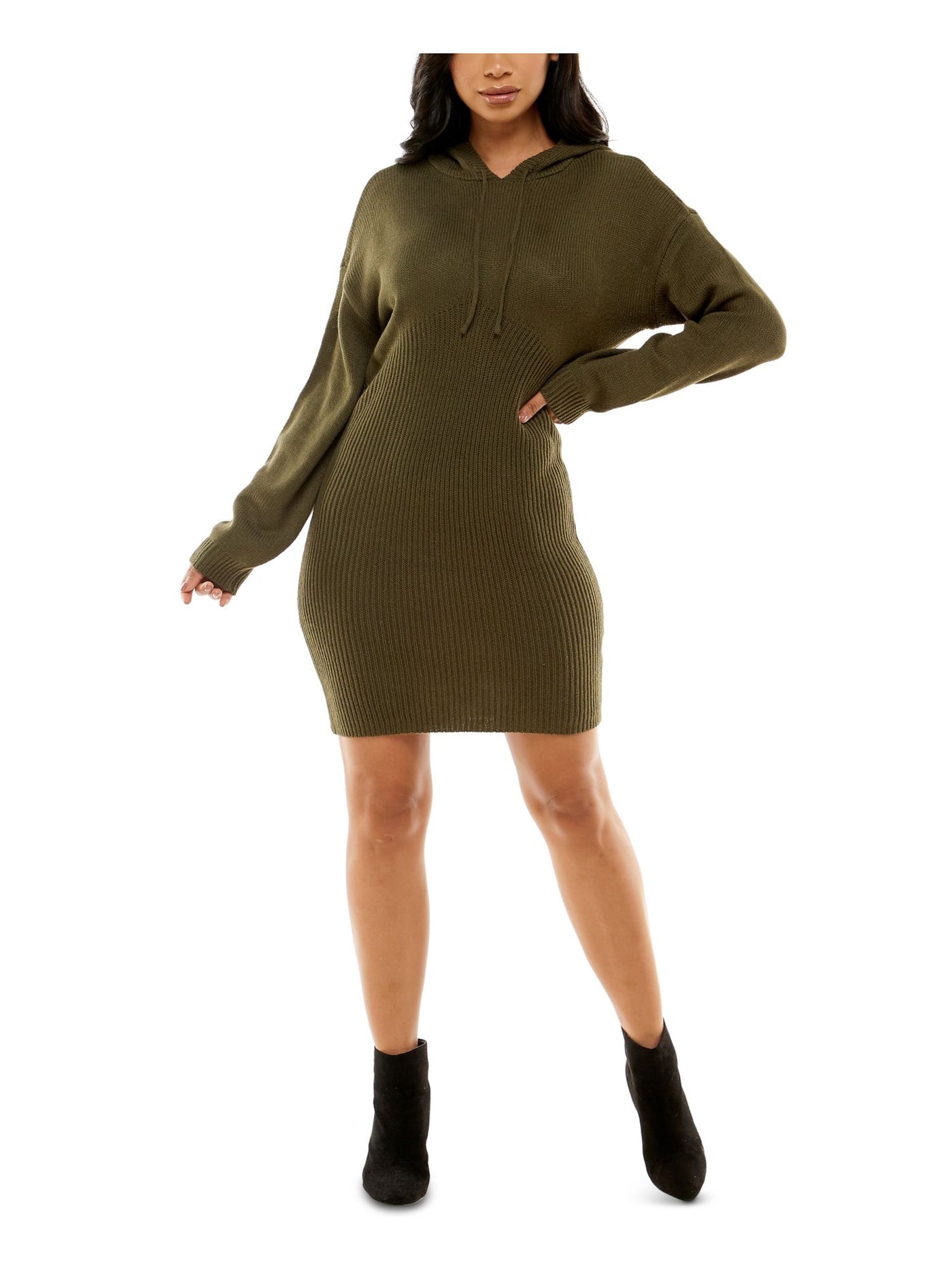 ALMOST FAMOUS Womens Green Ribbed Hoodie Unlined Long Sleeve Short Sweater Dress M