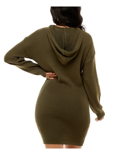 ALMOST FAMOUS Womens Green Ribbed Hoodie Unlined Long Sleeve Short Sweater Dress L