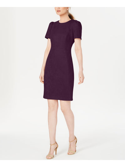 CALVIN KLEIN Womens Purple Unlined Shirred-shoulder Gold Tone Zippe Short Sleeve Jewel Neck Short Wear To Work Sheath Dress 4