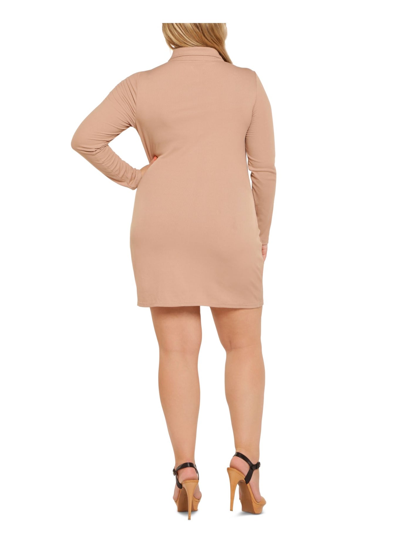 ULTRA FLIRT Womens Ribbed Ruched Button Front Long Sleeve Collared Above The Knee Wear To Work Body Con Dress