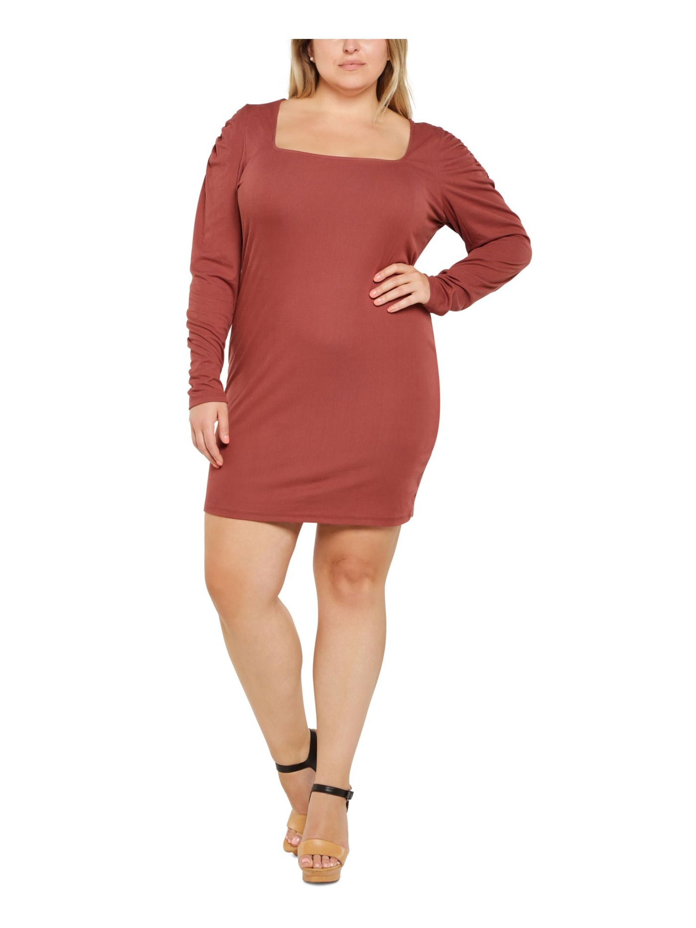 ULTRA FLIRT Womens Brown Stretch Ribbed Ruched-sleeve Long Sleeve Square Neck Mini Cocktail Body Con Dress Plus 3X