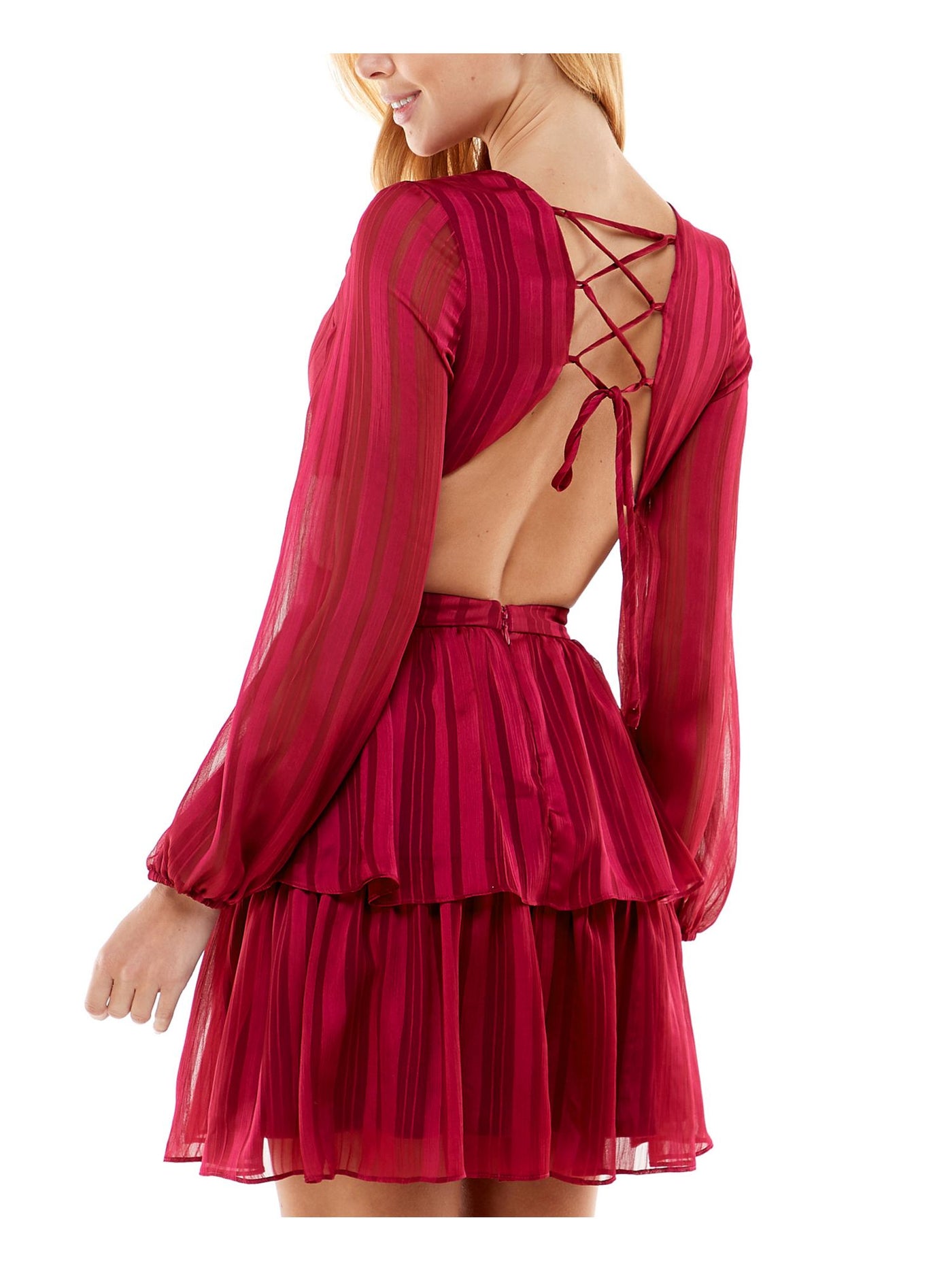 CITY STUDIO Womens Red Cut Out Rhinestone Lace-up Back Corset Sheer Striped Blouson Sleeve V Neck Mini Party Fit + Flare Dress 13