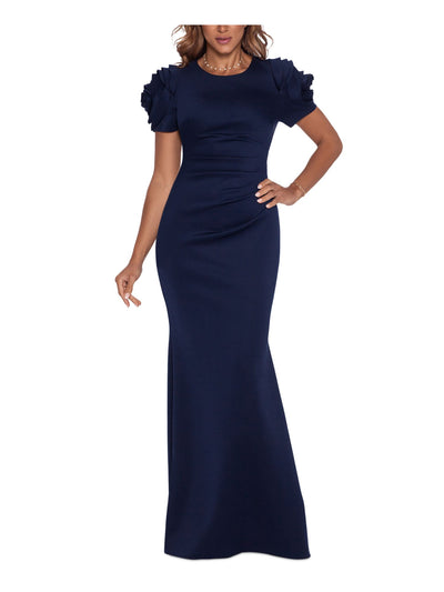 XSCAPE Womens Navy Zippered Ruched Lined Pleated Floral Detail Pouf Sleeve Round Neck Full-Length Formal Gown Dress 10