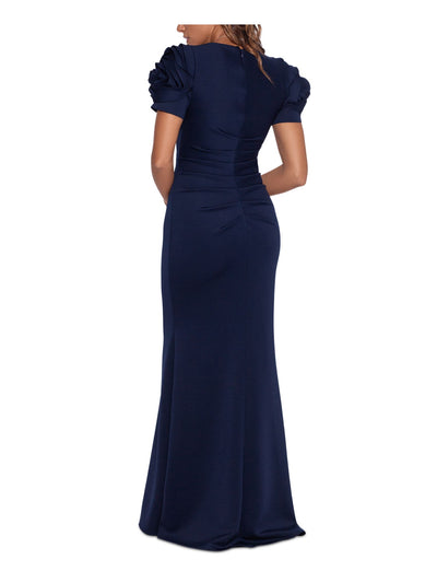 XSCAPE Womens Navy Zippered Ruched Lined Pleated Floral Detail Pouf Sleeve Round Neck Full-Length Formal Gown Dress 10