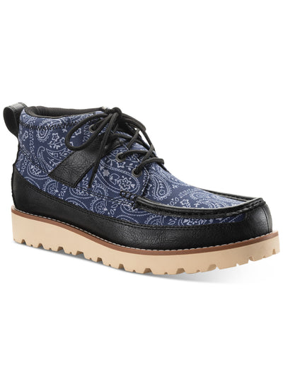 SUN STONE Mens Navy Mixed Media Back Pull-Tab Padded  Collar Cushioned Treaded Kohen Round Toe Wedge Lace-Up Boots Shoes 8.5 M