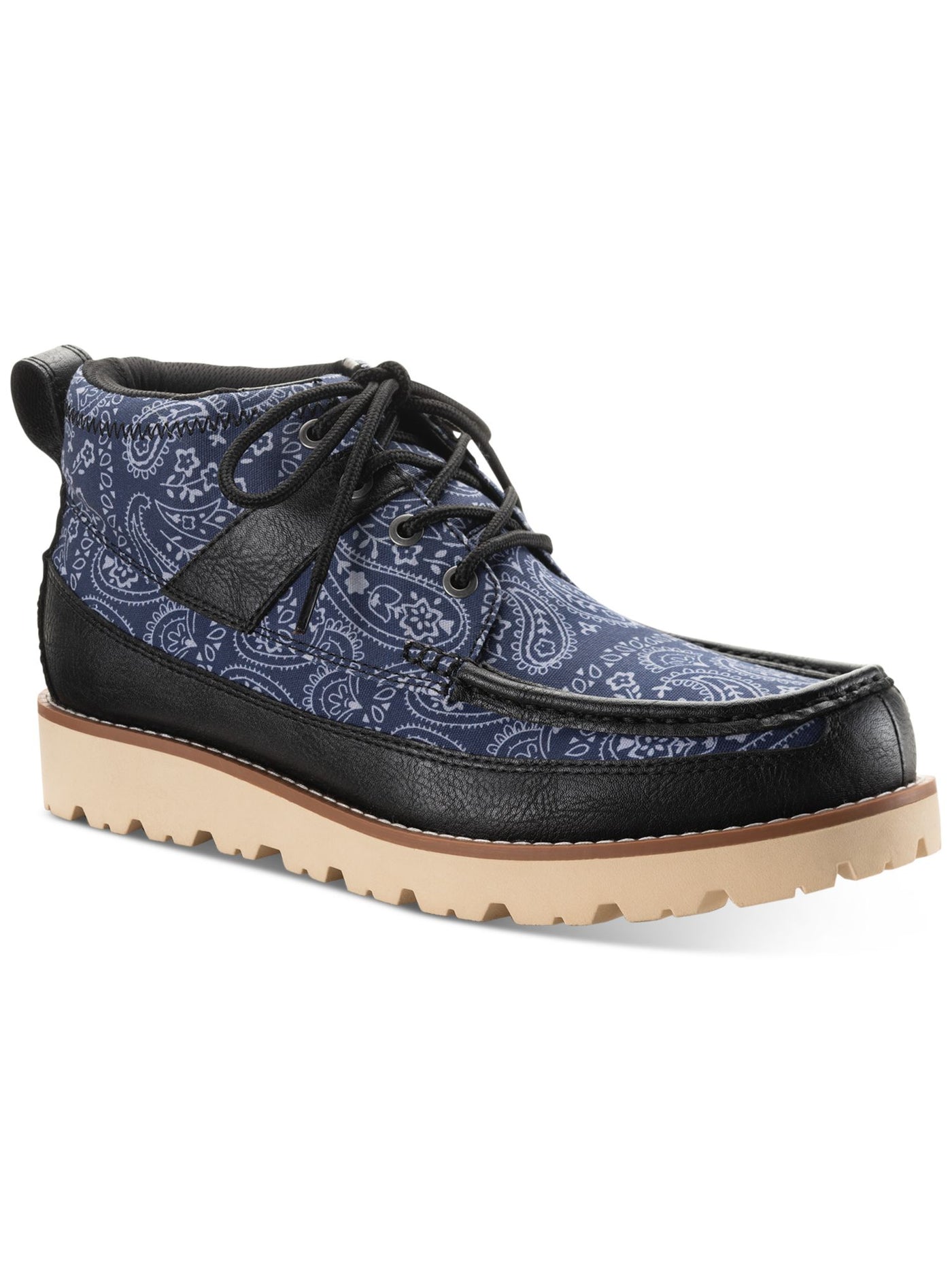 SUN STONE Mens Blue Mixed Media Back Pull-Tab Padded  Collar Cushioned Treaded Kohen Round Toe Wedge Lace-Up Boots Shoes 8 M