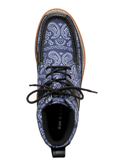 SUN STONE Mens Blue Mixed Media Back Pull-Tab Padded  Collar Cushioned Treaded Kohen Round Toe Wedge Lace-Up Boots Shoes 8 M