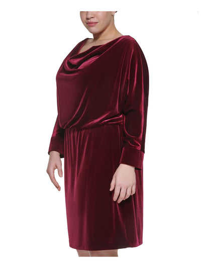 JESSICA HOWARD Womens Burgundy Long Sleeve Cowl Neck Knee Length Party Blouson Dress Plus 20W