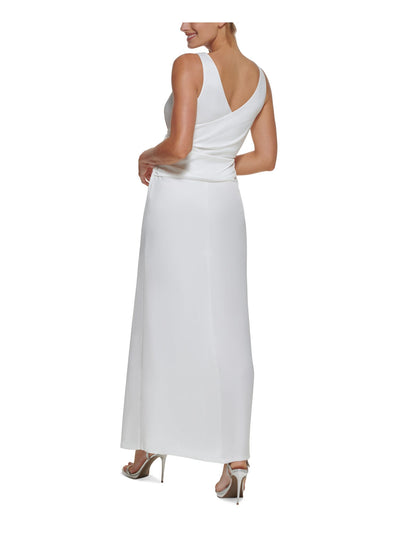 DKNY Womens White Ruched Zippered Knotted Front Slitted Sleeveless Surplice Neckline Full-Length Formal Gown Dress 6