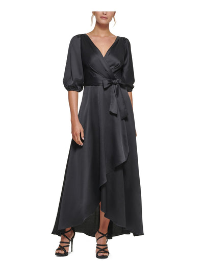 DKNY Womens Black Zippered Gathered Tulip Hem Tie Waist Balloon Sleeve Surplice Neckline Tea-Length Evening Faux Wrap Dress 2