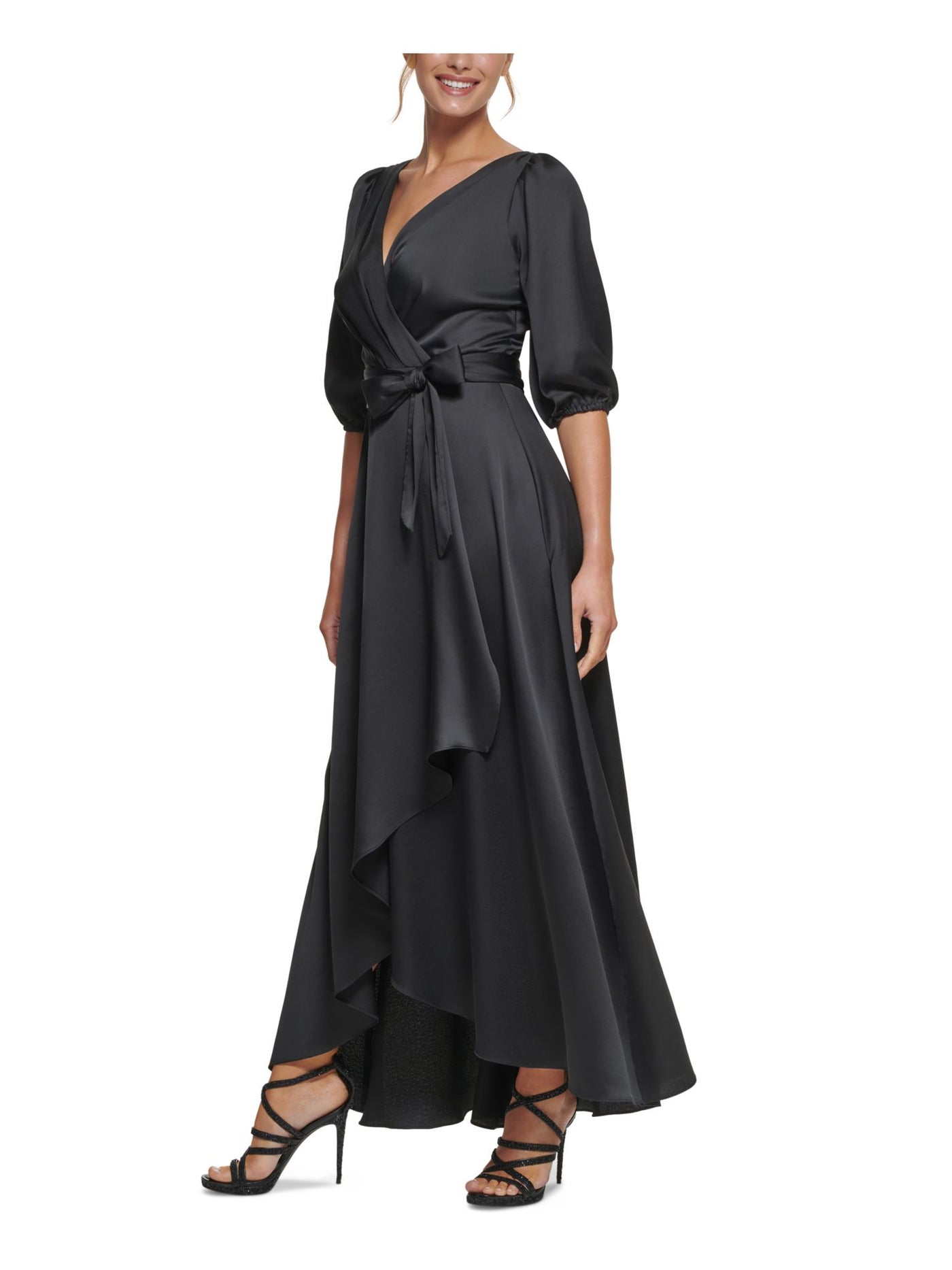 DKNY Womens Black Zippered Gathered Tulip Hem Tie Waist Balloon Sleeve Surplice Neckline Tea-Length Evening Faux Wrap Dress 2