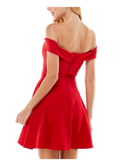 CITY STUDIO Womens Red Stretch Cut Out Zippered Lined Cap Sleeve Off Shoulder Short Cocktail Fit + Flare Dress 11