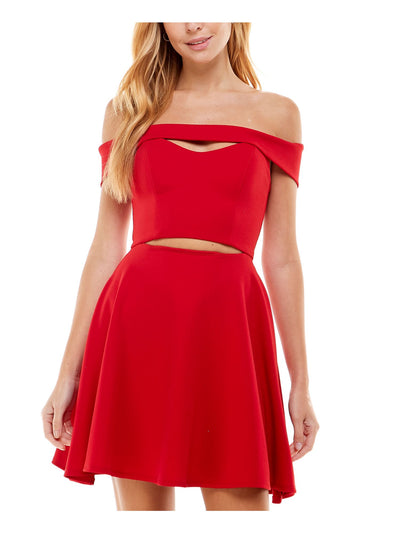 CITY STUDIO Womens Red Stretch Cut Out Zippered Lined Cap Sleeve Off Shoulder Short Cocktail Fit + Flare Dress 7