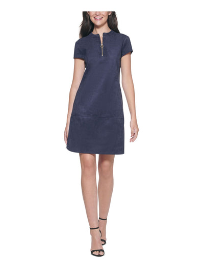 KENSIE DRESSES Womens Navy Zippered Pocketed Short Sleeve Round Neck Above The Knee Party Shift Dress 2