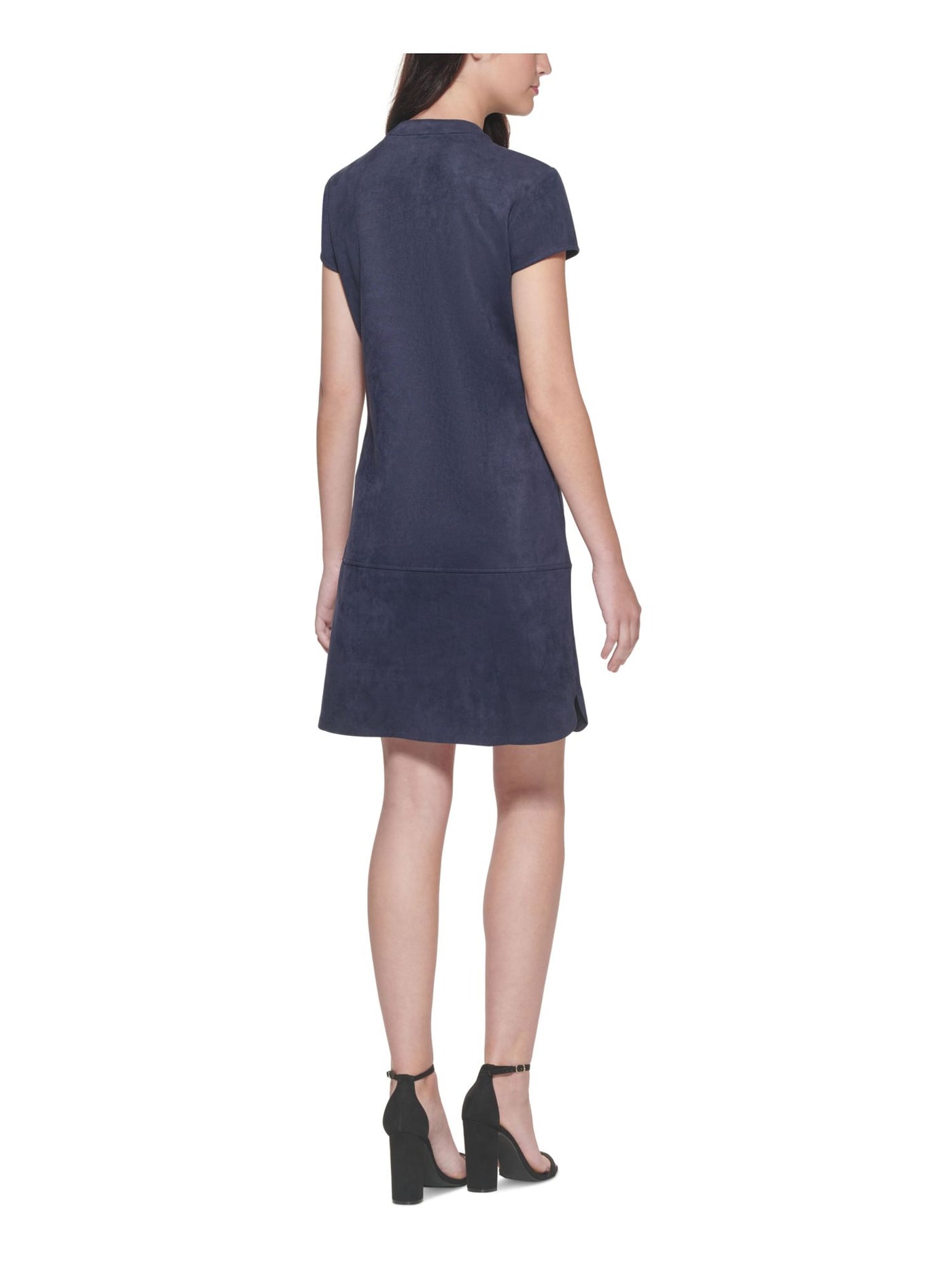 KENSIE DRESSES Womens Navy Zippered Pocketed Short Sleeve Round Neck Above The Knee Party Shift Dress 10