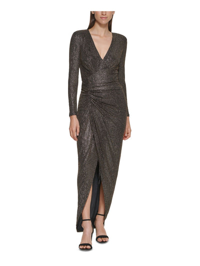 VINCE CAMUTO Womens Gold Metallic Slitted Ruched Zippered Long Sleeve V Neck Maxi Formal Gown Dress Petites 0P