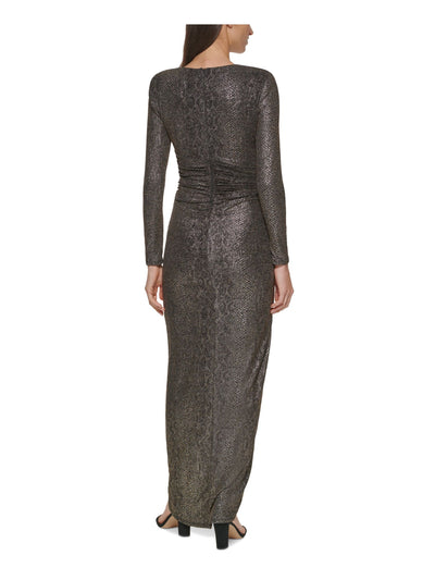 VINCE CAMUTO Womens Gold Metallic Slitted Ruched Zippered Long Sleeve V Neck Maxi Formal Gown Dress Petites 0P