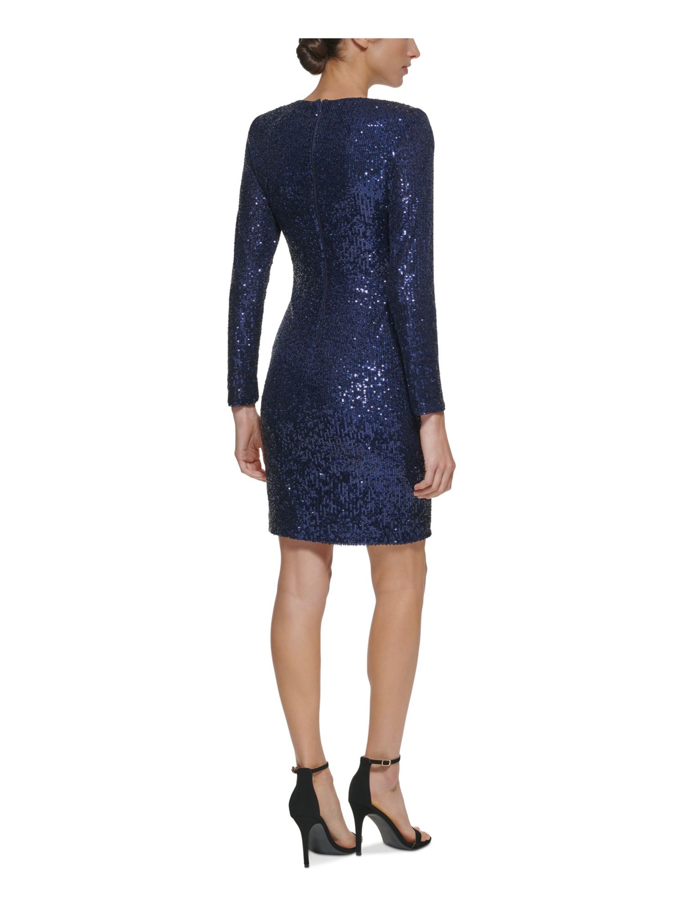 ELIZA J Womens Navy Sequined Zippered Lined Long Sleeve V Neck Above The Knee Evening Sheath Dress Petites 8P