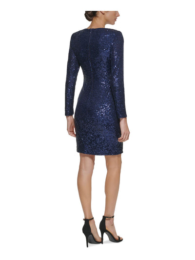 ELIZA J Womens Navy Sequined Zippered Lined Long Sleeve V Neck Above The Knee Evening Sheath Dress Petites 8P