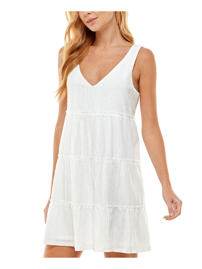 CRYSTAL DOLLS Womens White Eyelet Pullover Tiered Lined Sleeveless V Neck Short Fit + Flare Dress L