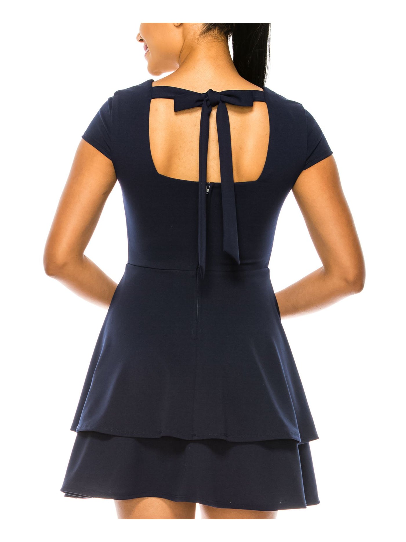 B DARLIN Womens Navy Stretch Zippered Fitted Back-tie Cap Sleeve Round Neck Short Party Fit + Flare Dress 13\14