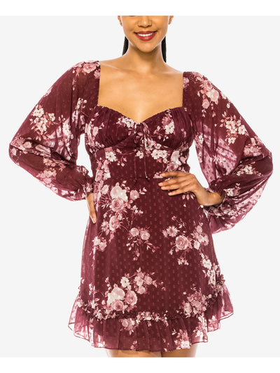 B DARLIN Womens Burgundy Zippered Ruffled Sheer Lined Floral Long Sleeve Sweetheart Neckline Short Party Fit + Flare Dress 15\16