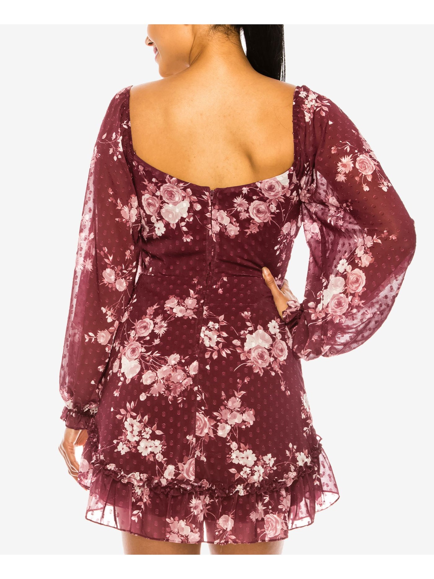 B DARLIN Womens Burgundy Zippered Ruffled Sheer Lined Floral Long Sleeve Sweetheart Neckline Short Party Fit + Flare Dress 11\12