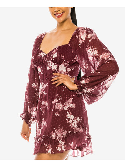 B DARLIN Womens Burgundy Zippered Ruffled Sheer Lined Floral Long Sleeve Sweetheart Neckline Short Party Fit + Flare Dress 15\16