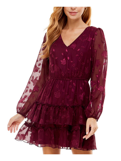 CITY STUDIO Womens Burgundy Lace Tie Waist Keyhole Back Closure Floral Balloon Sleeve V Neck Short Party Ruffled Dress S