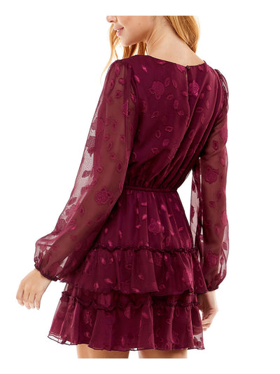 CITY STUDIO Womens Burgundy Lace Tie Waist Keyhole Back Closure Floral Balloon Sleeve V Neck Short Party Ruffled Dress S