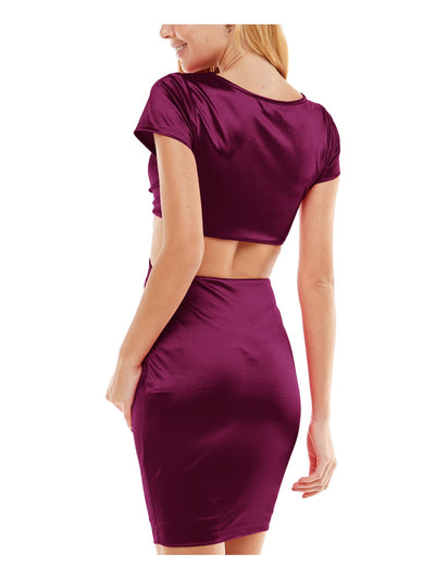 CITY STUDIO Womens Purple Cut Out Gathered Satin Plunge Pullover Style Short Sleeve V Neck Above The Knee Party Body Con Dress XXS