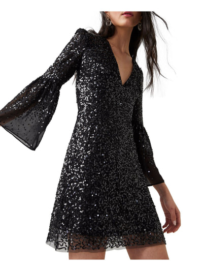 FRENCH CONNECTION Womens Black Zippered Lined Bell Sleeve V Neck Mini Party Body Con Dress 6