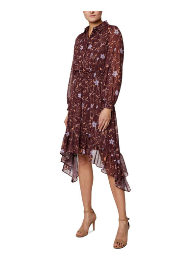 LAUNDRY BY SHELLI SEGAL Womens Burgundy Metallic Sheer Button Front Floral Long Sleeve Collared Below The Knee Cocktail Hi-Lo Dress 2