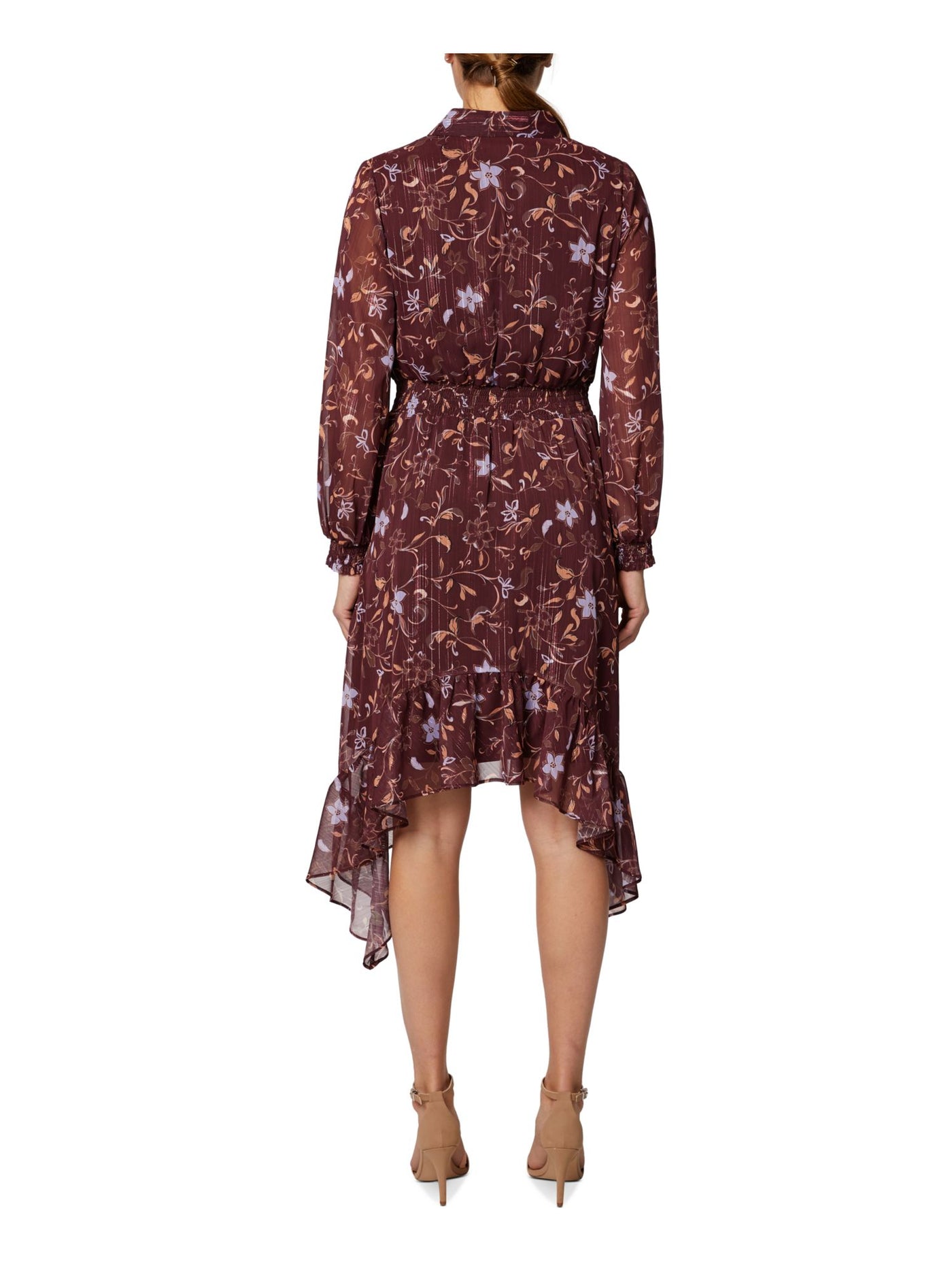 LAUNDRY BY SHELLI SEGAL Womens Burgundy Metallic Sheer Button Front Floral Long Sleeve Collared Below The Knee Cocktail Hi-Lo Dress 2