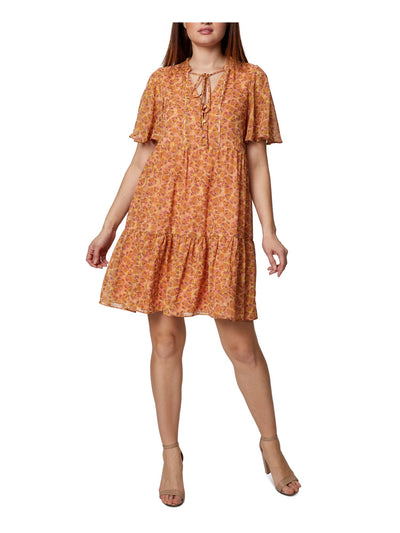 BCBGENERATION Womens Orange Pleated Ruffled Tie Button Front Lined Printed Flutter Sleeve V Neck Short Shift Dress 2