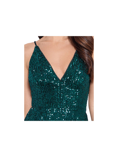 BLONDIE NITES Womens Green Sequined Zippered Lace Up Back Lined Metallic Spaghetti Strap V Neck Short Party Fit + Flare Dress 5