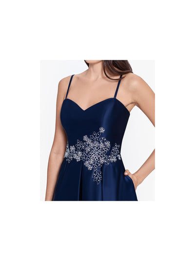 BLONDIE NITES Womens Navy Embellished Zippered Adjustable Straps Partially Line Sleeveless Sweetheart Neckline Short Party Fit + Flare Dress Juniors 15