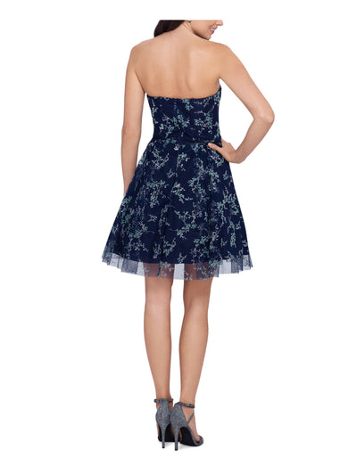 BLONDIE NITES Womens Navy Floral Sleeveless Sweetheart Neckline Short Formal Fit + Flare Dress 11