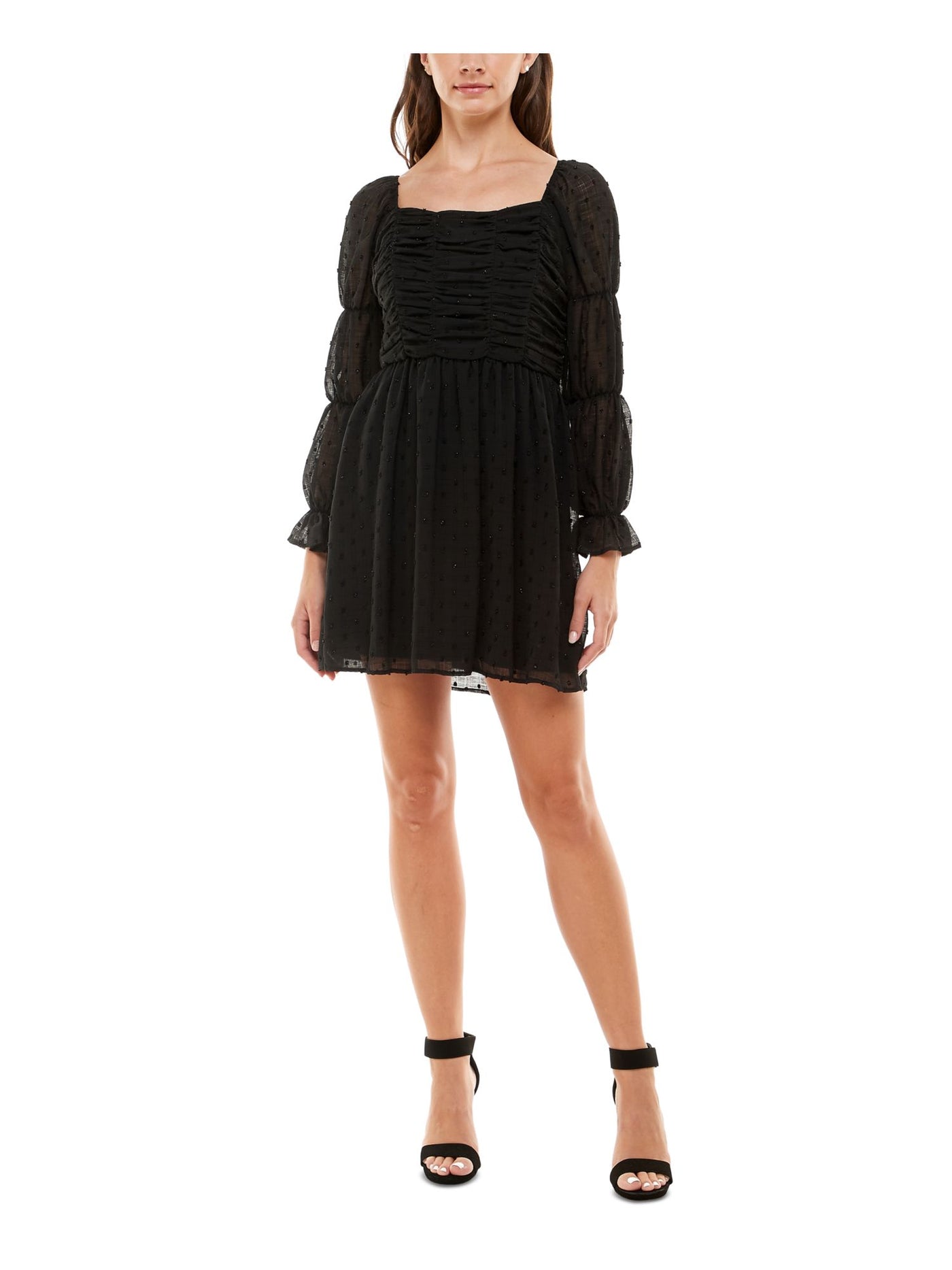 CRYSTAL DOLLS Womens Black Ruffled Sheer Long Sleeve Square Neck Short Party Shift Dress XS