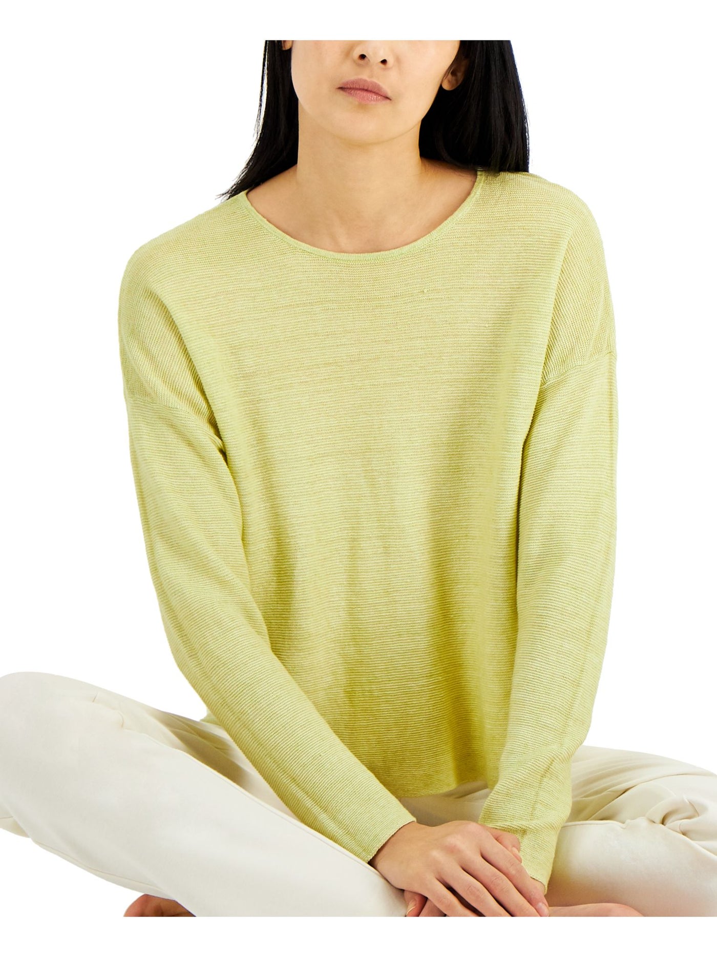 EILEEN FISHER Womens Green Textured Boxy Style Long Sleeve Round Neck Top L