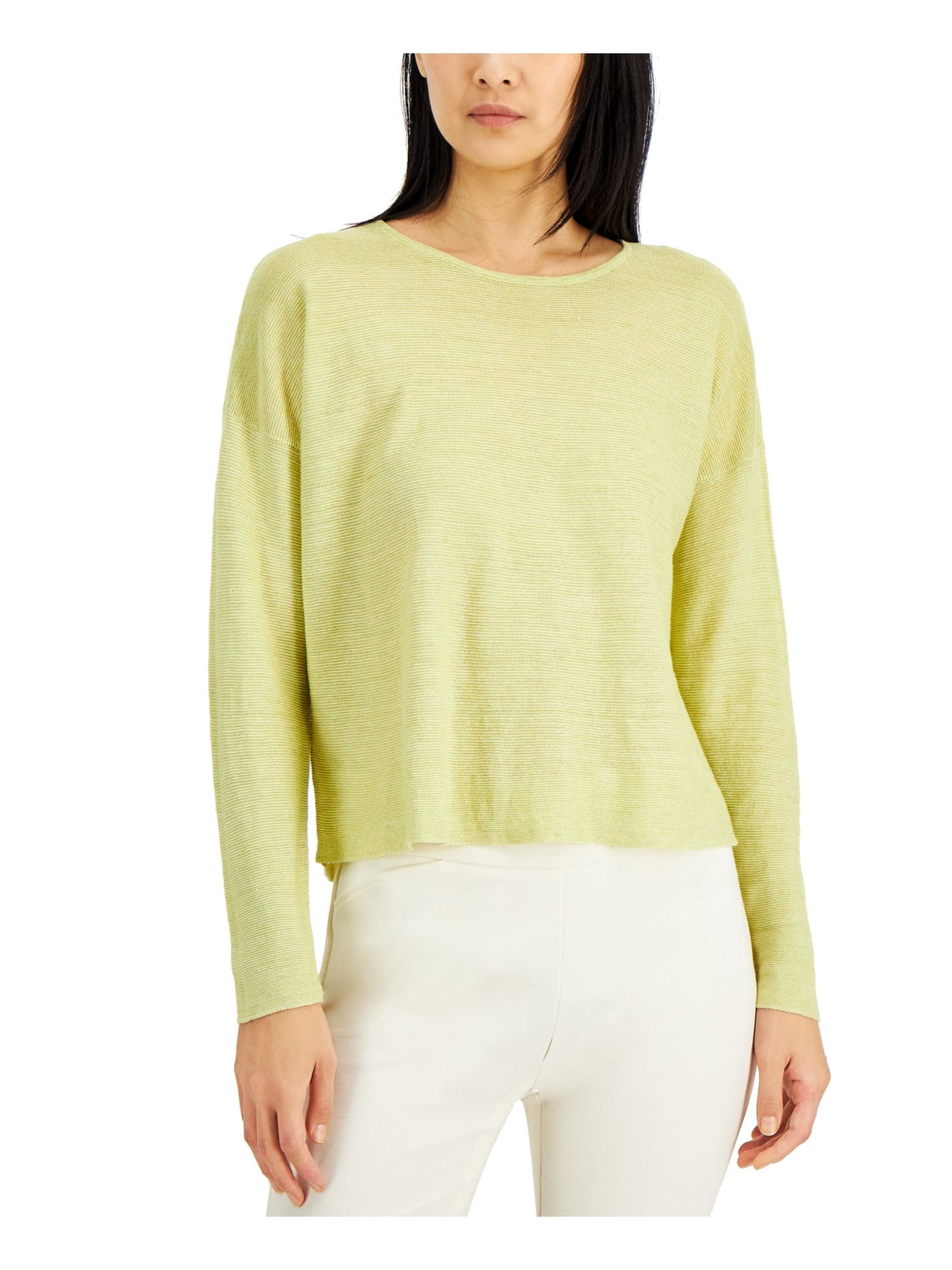 EILEEN FISHER Womens Green Textured Boxy Style Long Sleeve Round Neck Top L