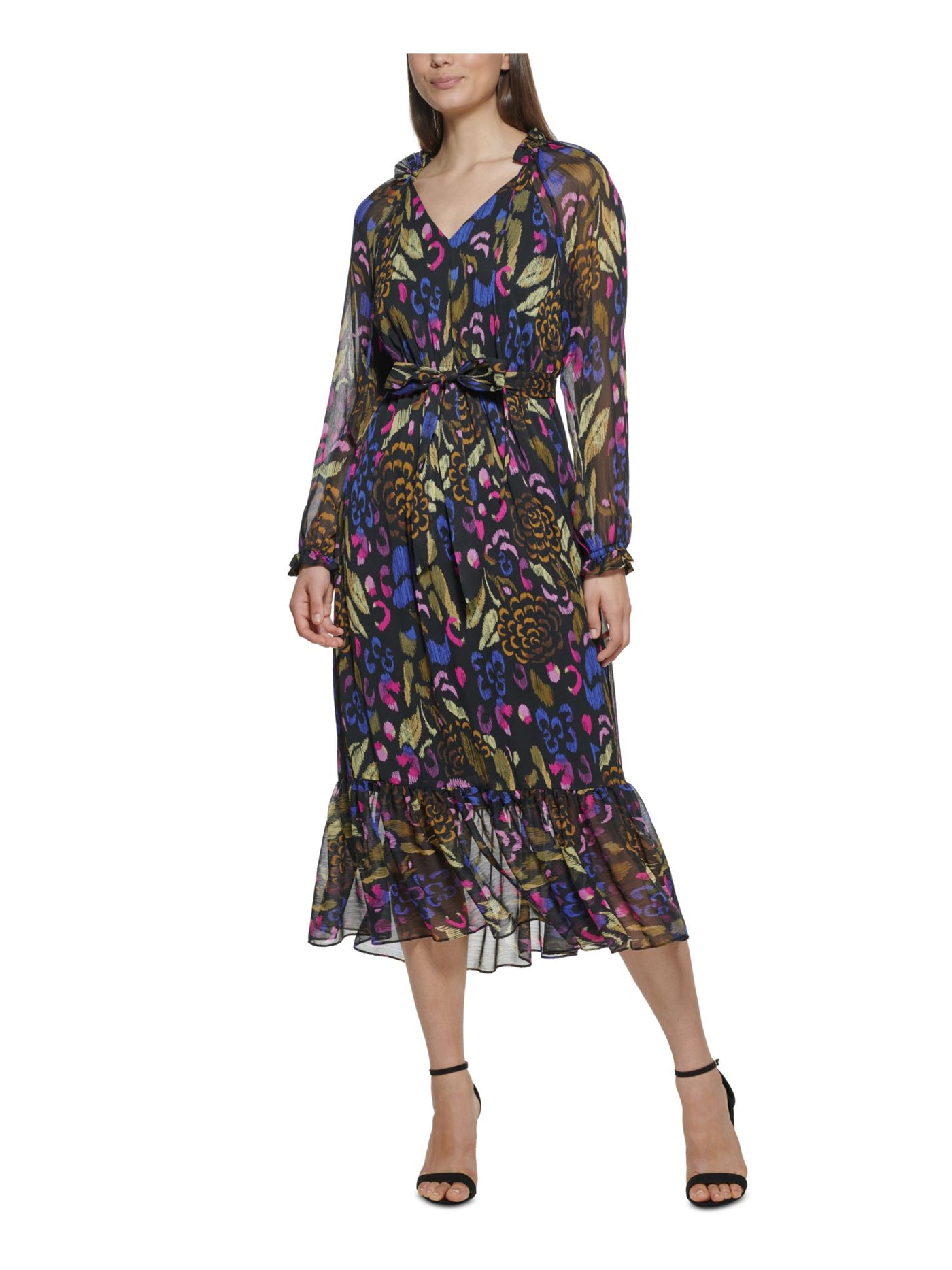 KENSIE DRESSES Womens Black Tie Ruffled Elastic Waist And Cuffs Lined Printed Long Sleeve V Neck Midi Wear To Work Fit + Flare Dress 2